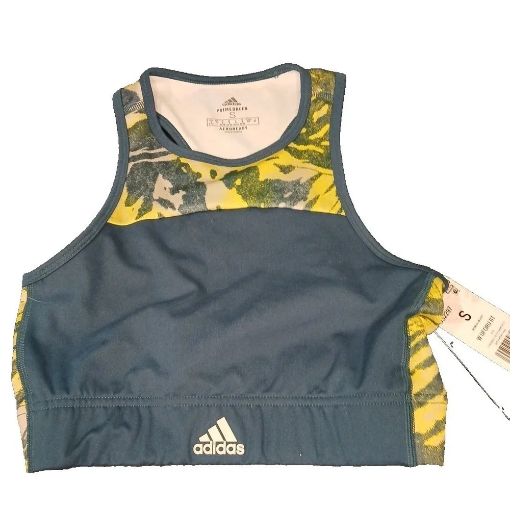 Adidas Racerback Sports Bra‎ Primegreen Aeroready Women's Size Small Teal Yellow